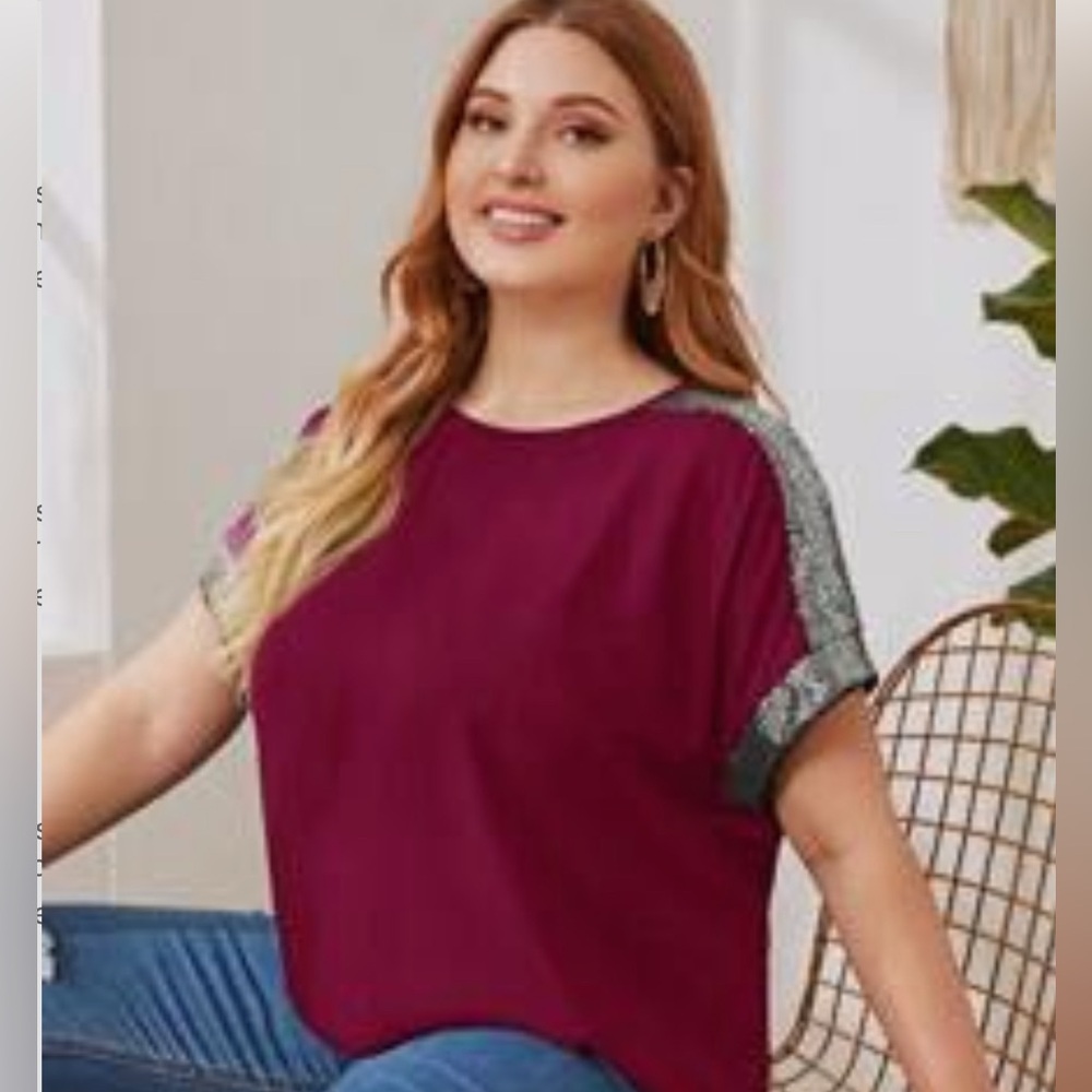 Plus Size Maroon Sequin Curved Hem Top